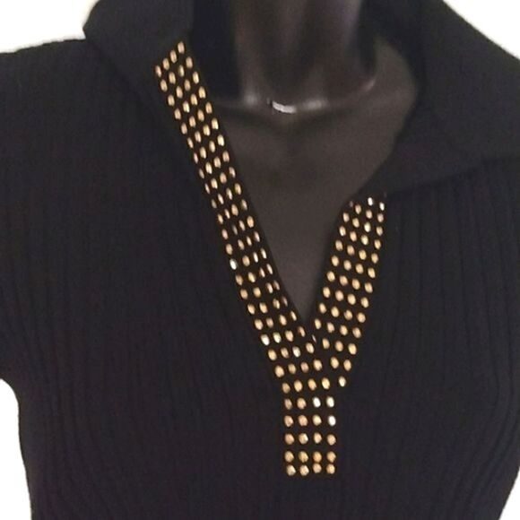 Cache Ribbed V Neck Collered Sweater w/ Gold Applique SZ medium - Picture 5 of 11